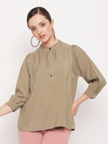 casual cuffed sleeves solid women beige top