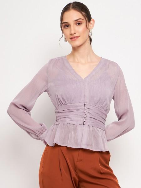 casual cuffed sleeves solid women purple top