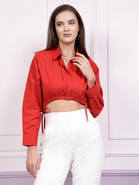 casual cuffed sleeves solid women red top