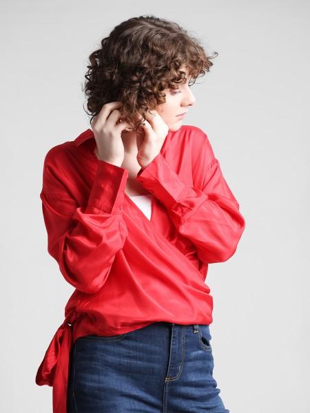 casual cuffed sleeves solid women red top