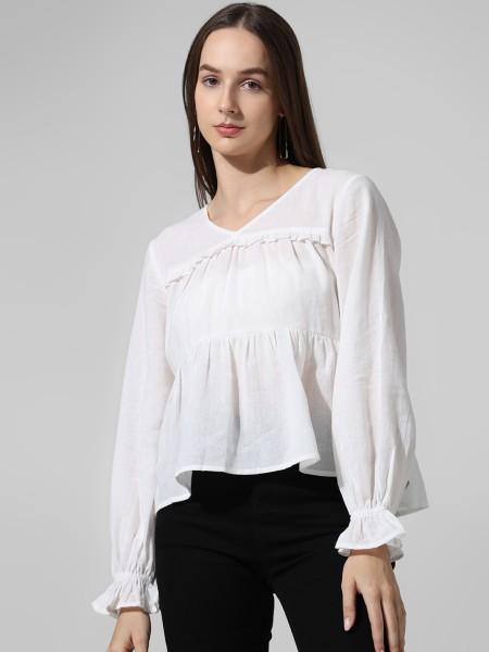 casual cuffed sleeves solid women white top