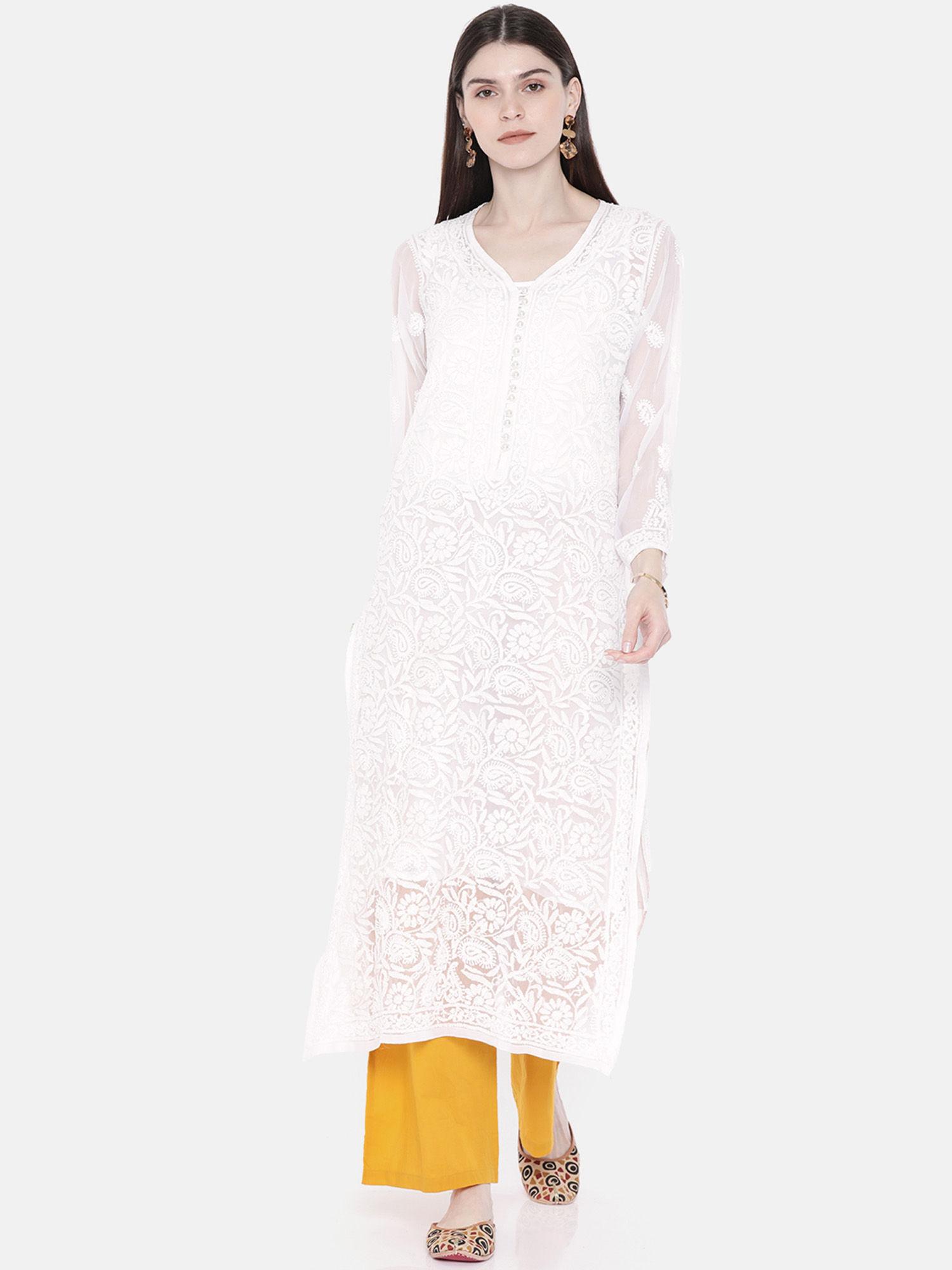 casual embroidered faux georgette white chikankari kurta with slip (set of 2) (xs) a223935