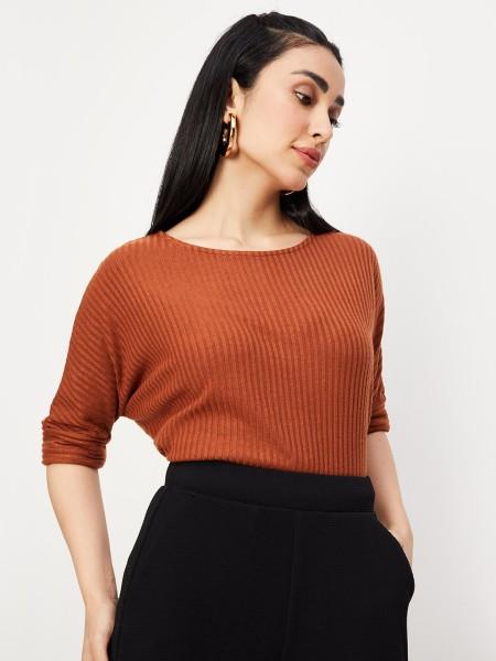 casual extended sleeves striped women brown top