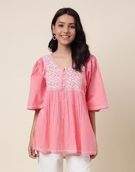 casual flared sleeves embroidered women pink top