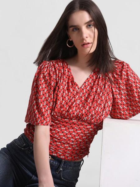 casual flared sleeves printed women red, black, white top