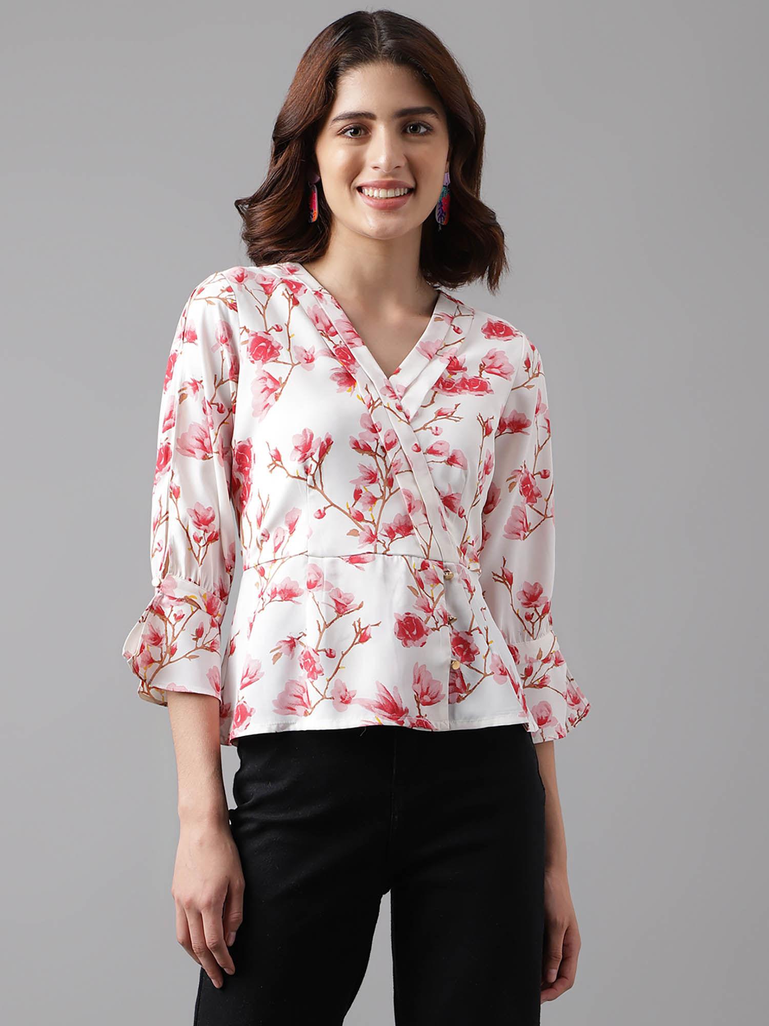 casual floral print women white top