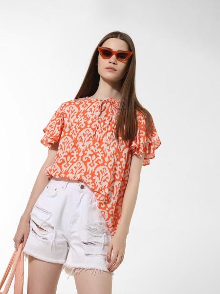 casual flutter sleeves printed women orange, white top