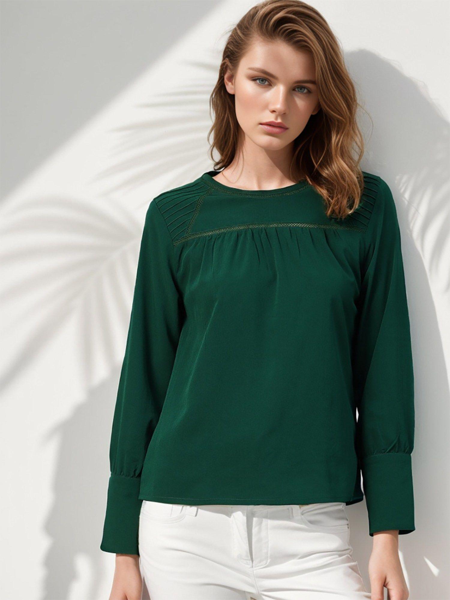 casual green colour round neck solid regular top