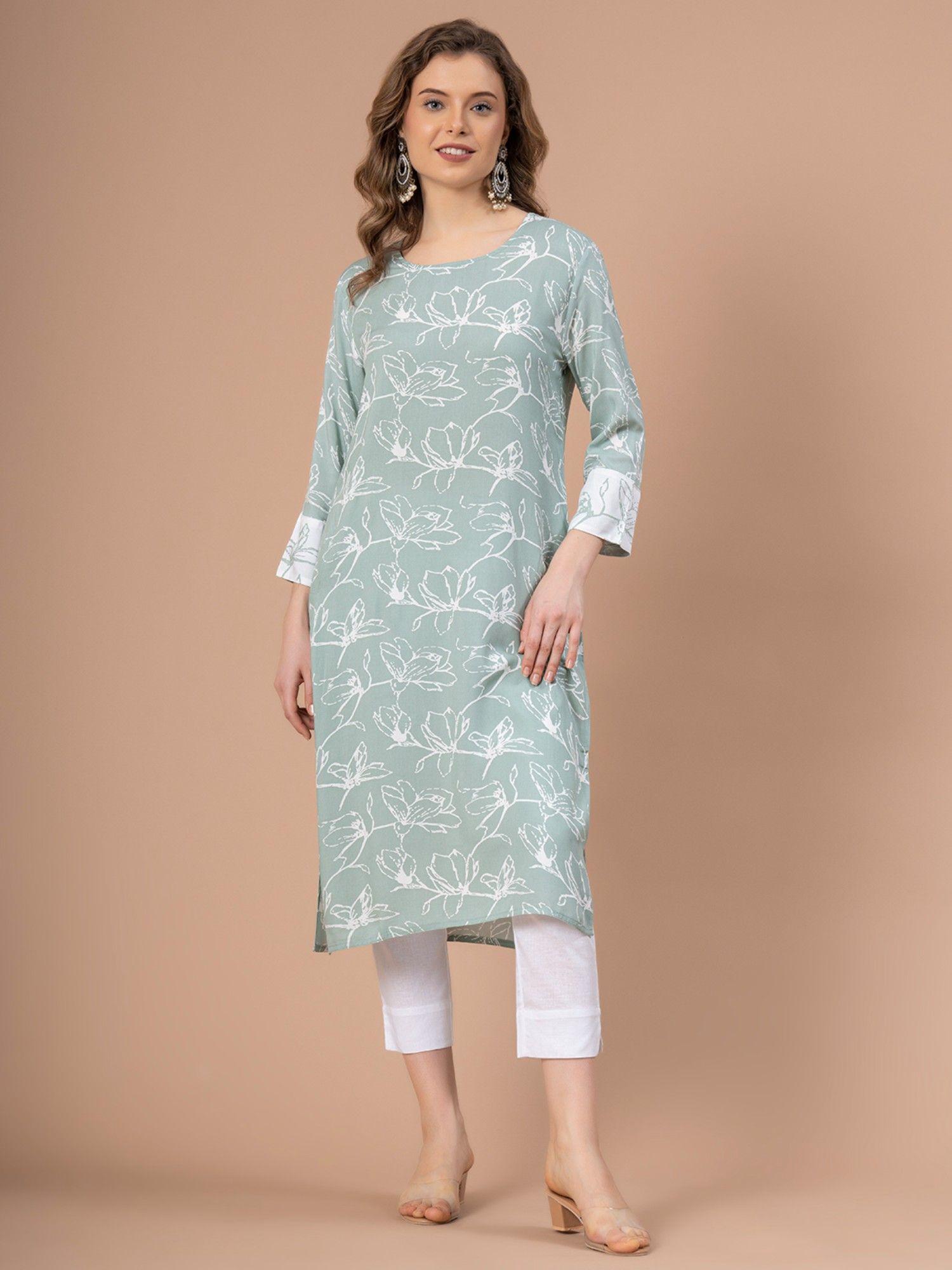 casual green floral kurta for women