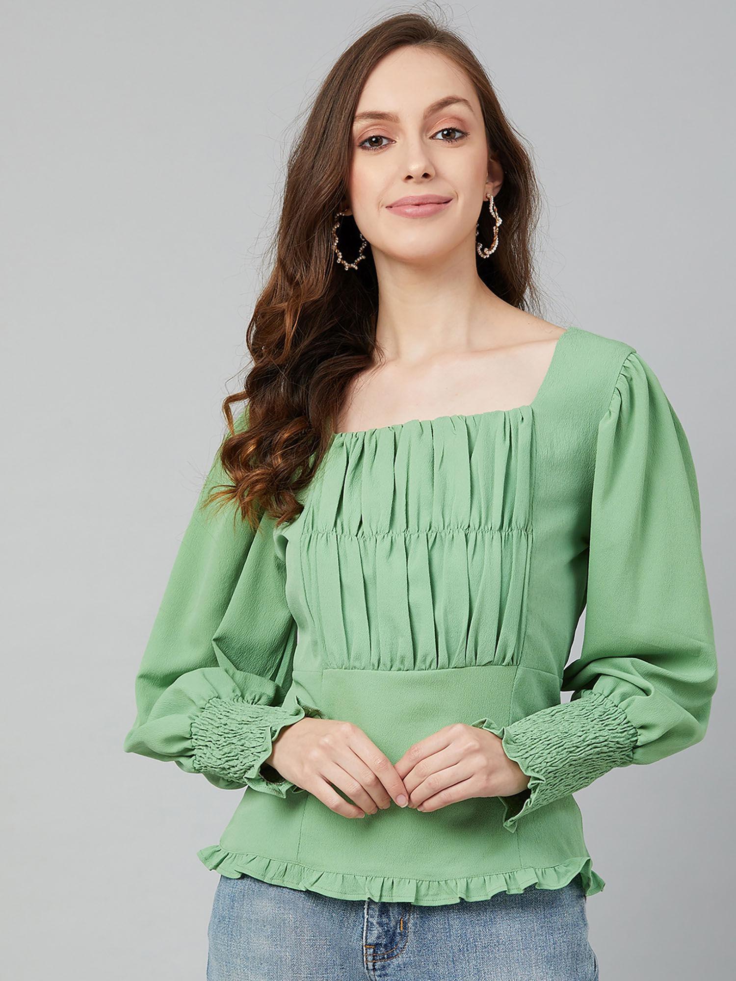 casual green square neck regular top