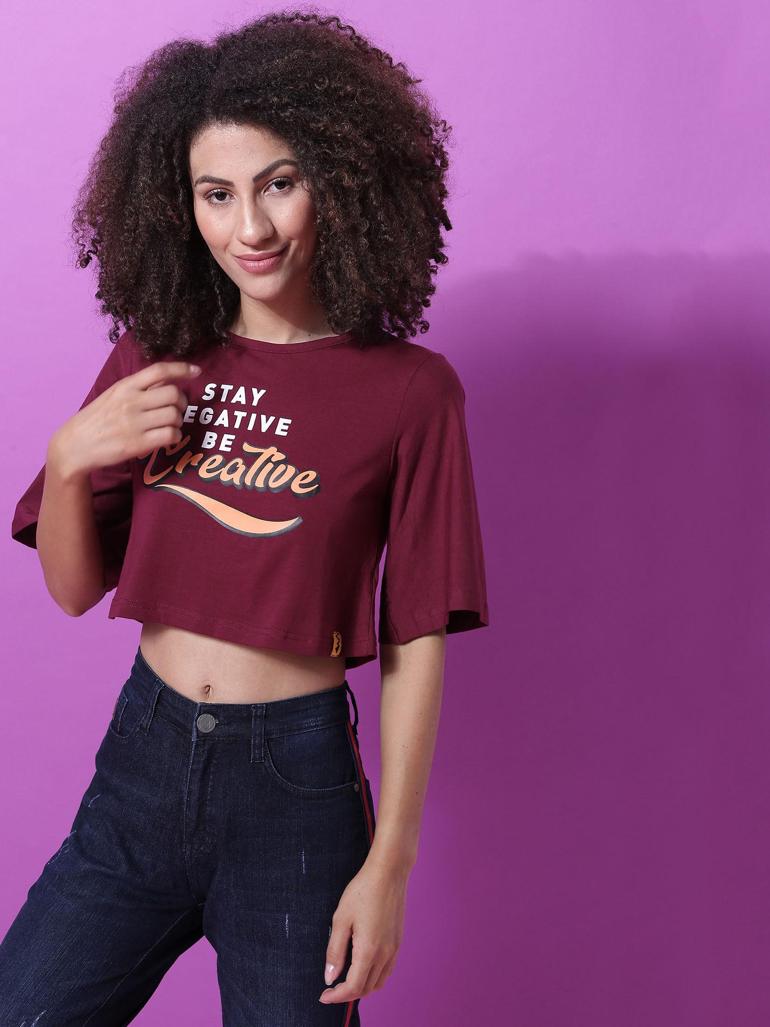 casual half sleeve printed women maroon crop top