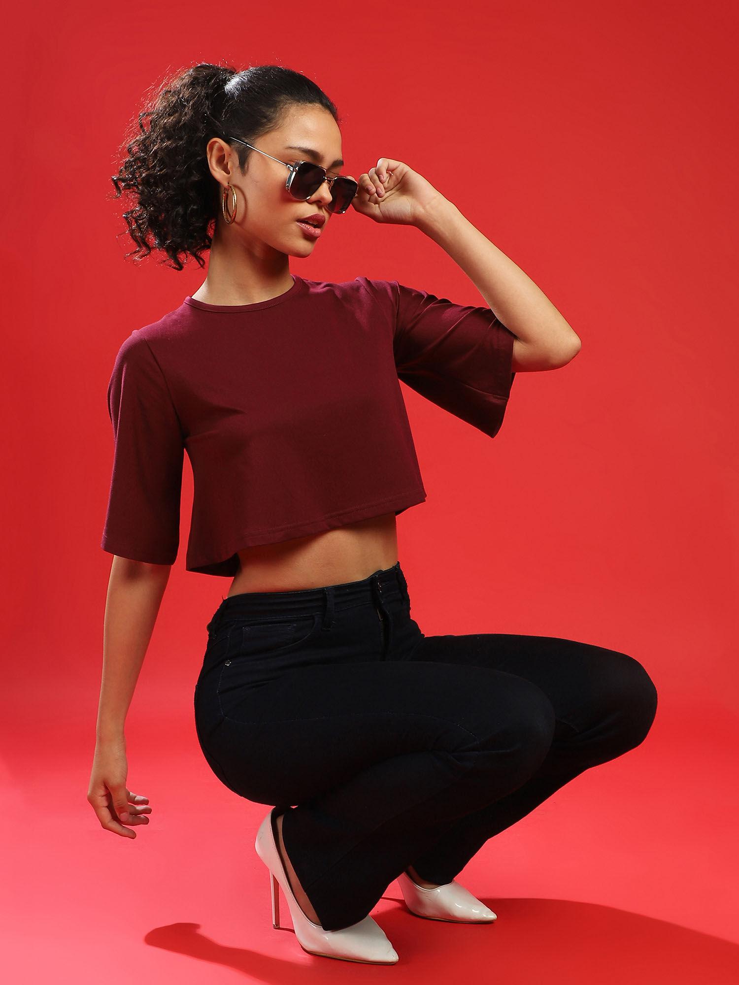 casual half sleeve solid women maroon crop top