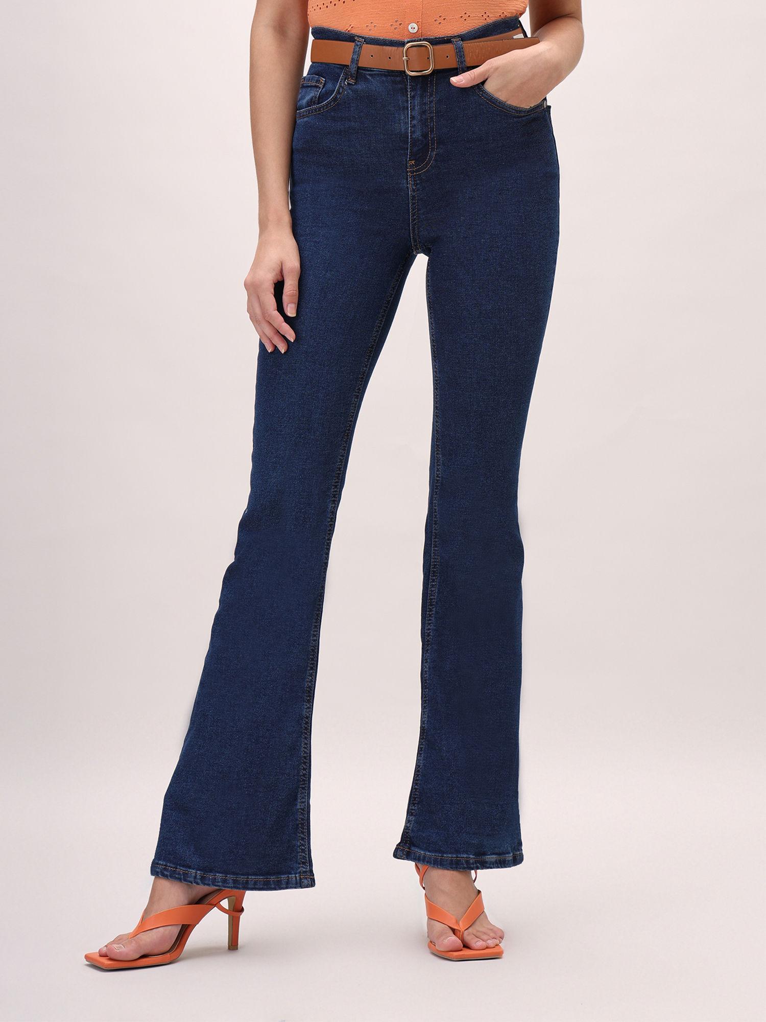 casual high waist skinny fit jeans blue with belt