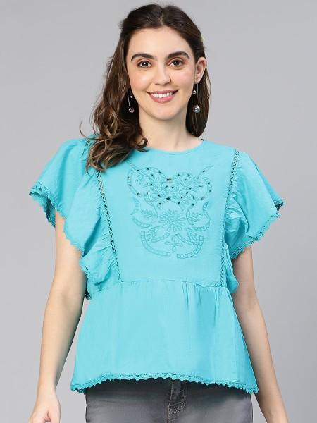 casual kimono sleeves embroidered women blue top