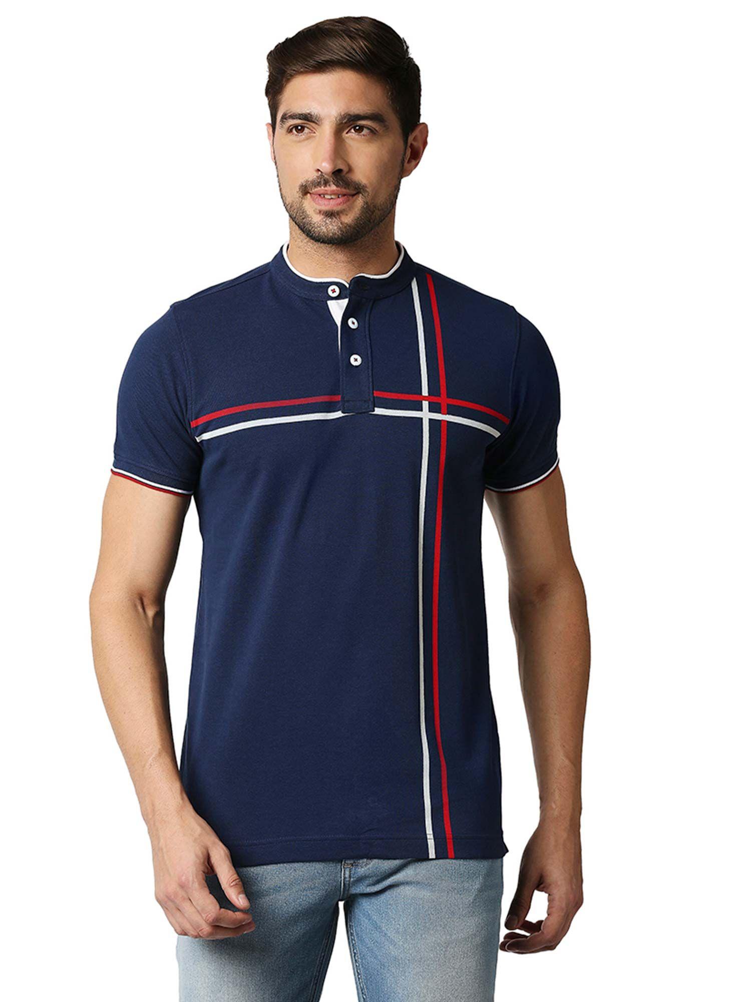 casual navy blue printed cotton muscle t-shirt