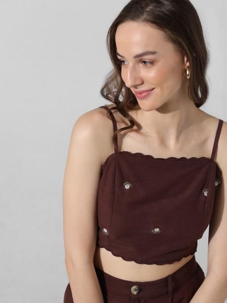 casual noodle straps embroidered women brown top