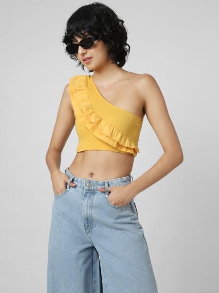 casual one shoulder sleeves solid women yellow top