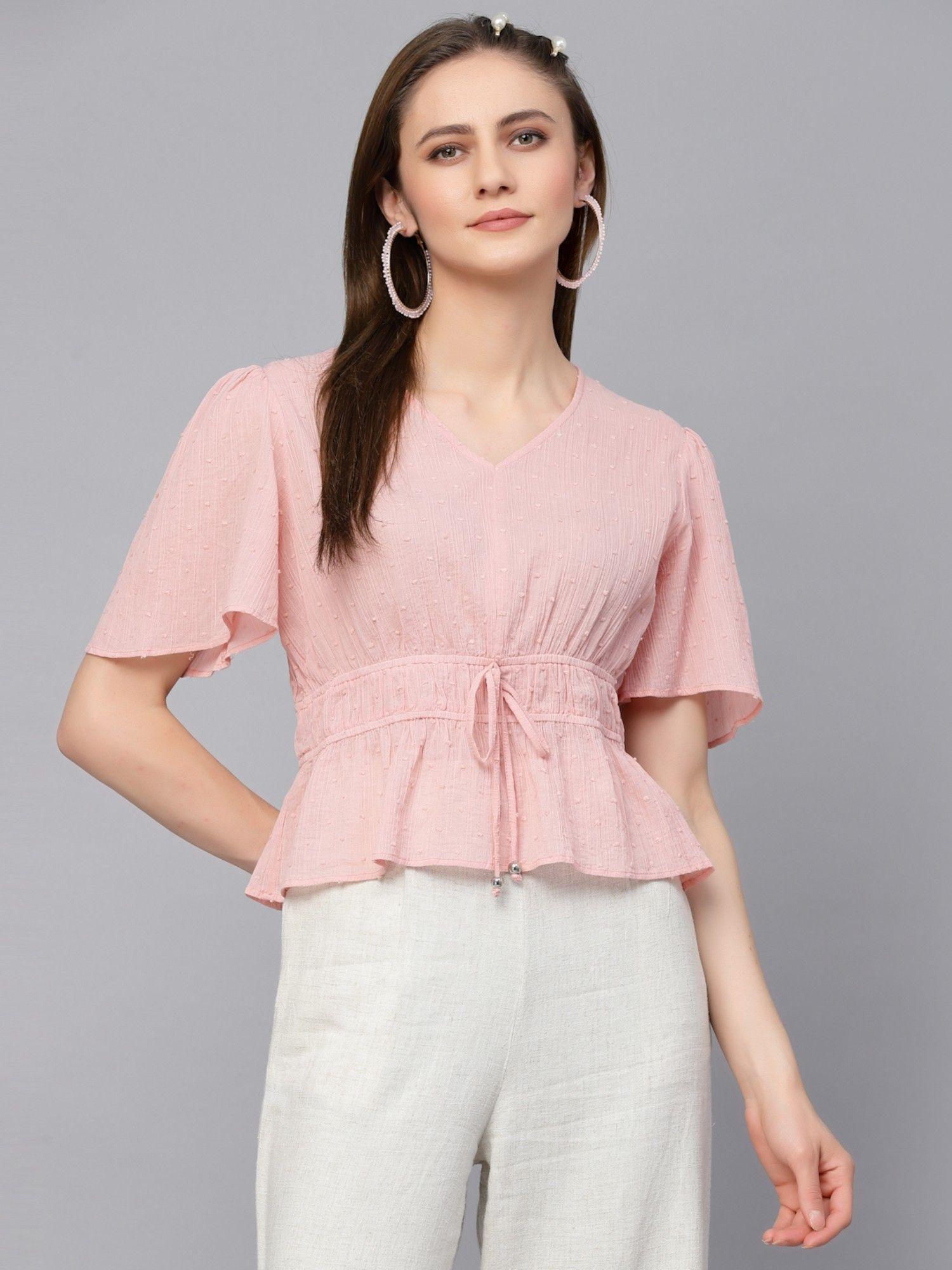 casual pink cotton dobby blouse top for women