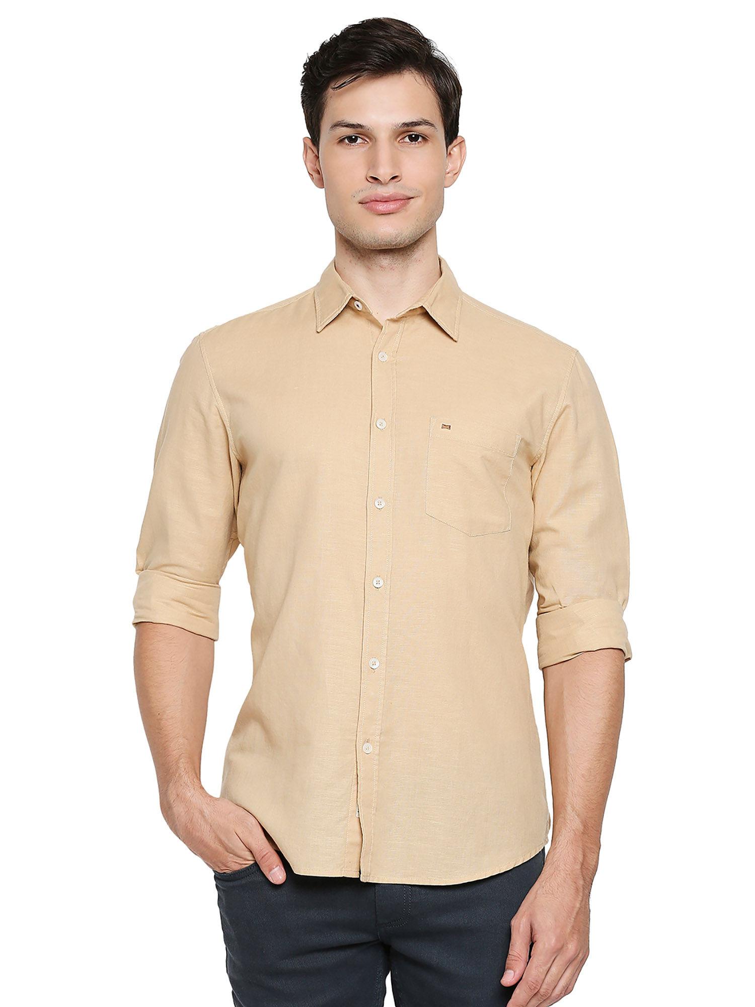 casual plain beige cotton hemp slim shirt