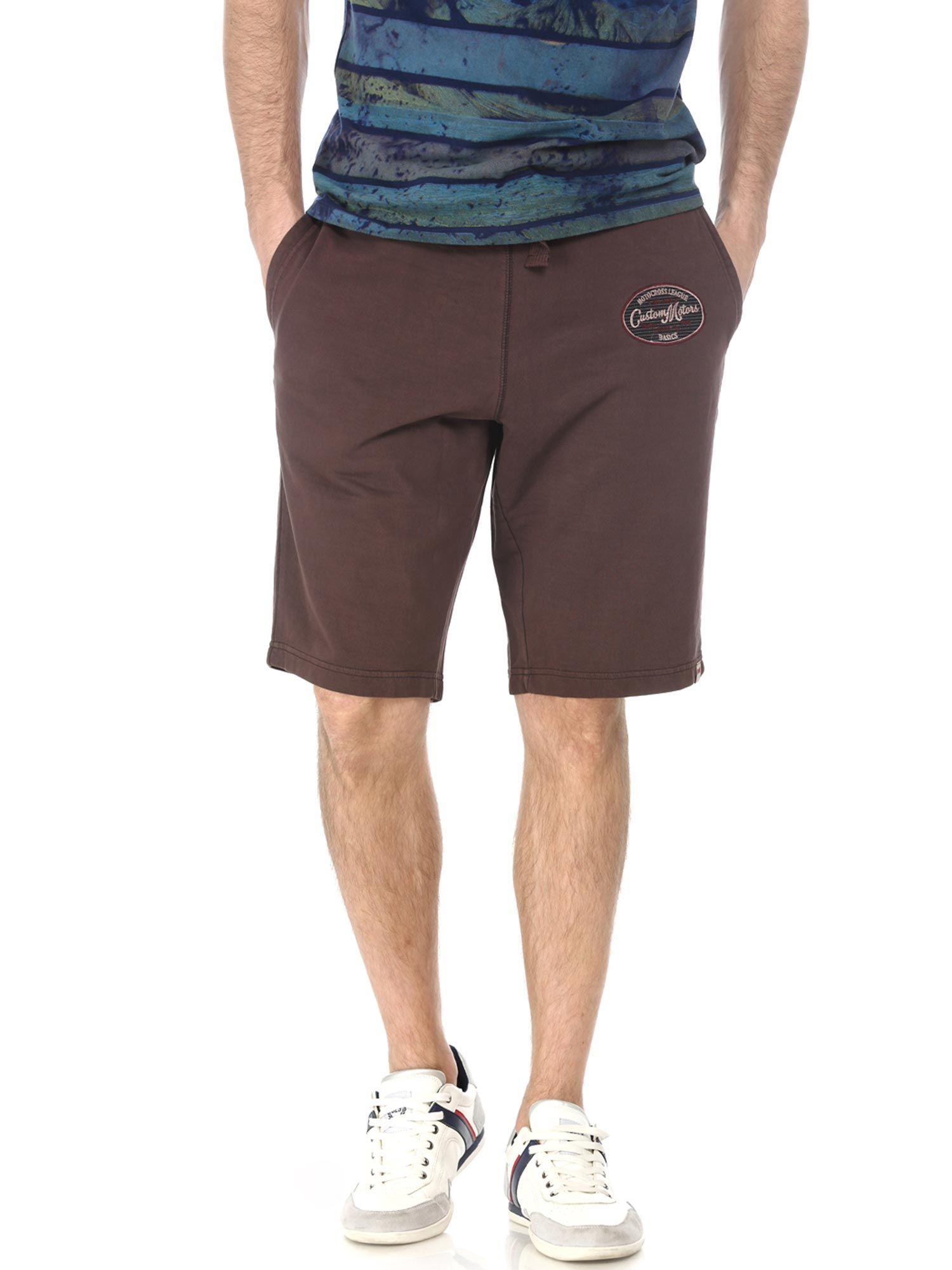 casual plain brown 100% cotton knee length knit shorts