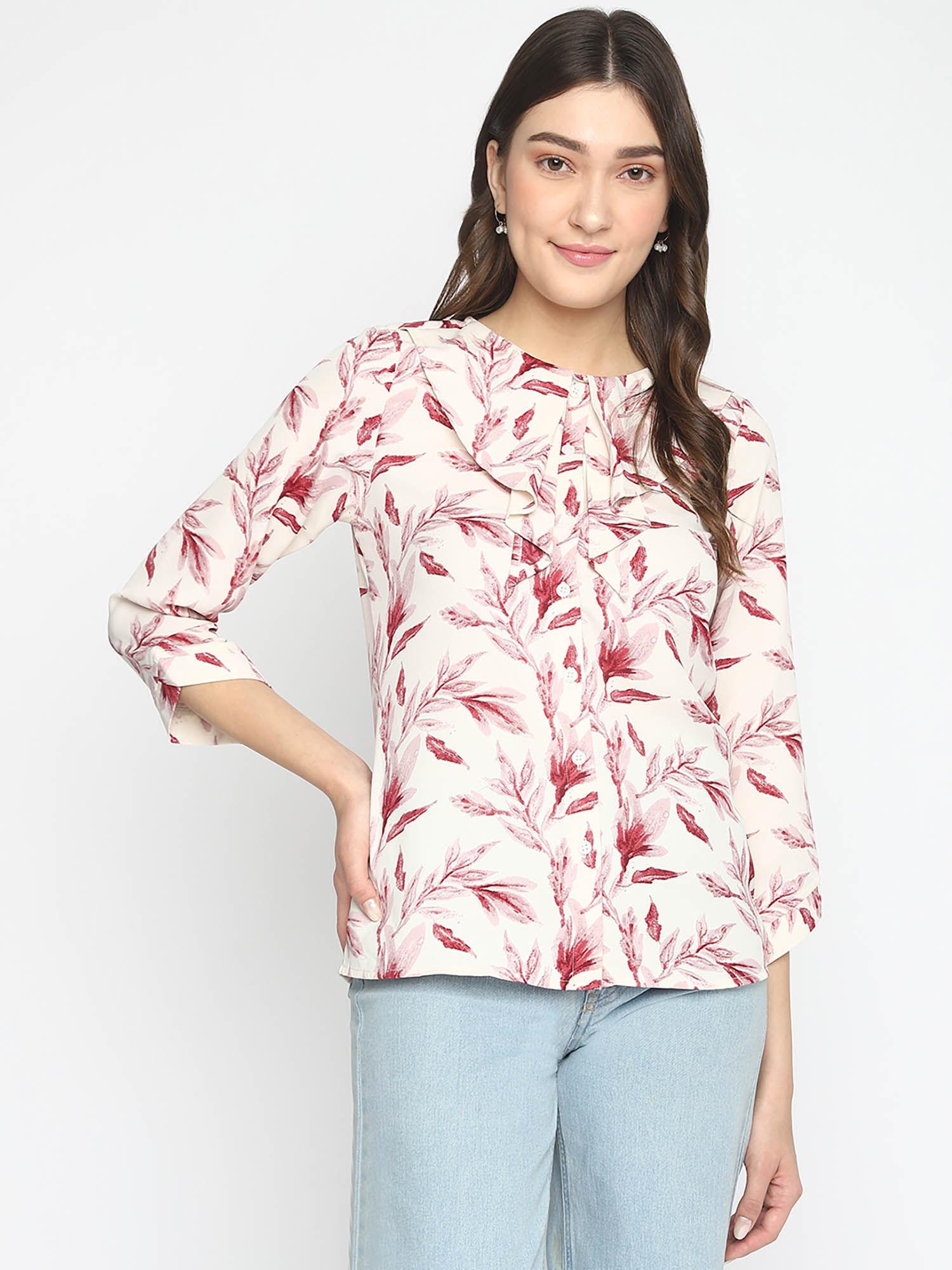 casual printed women white, pink & red top