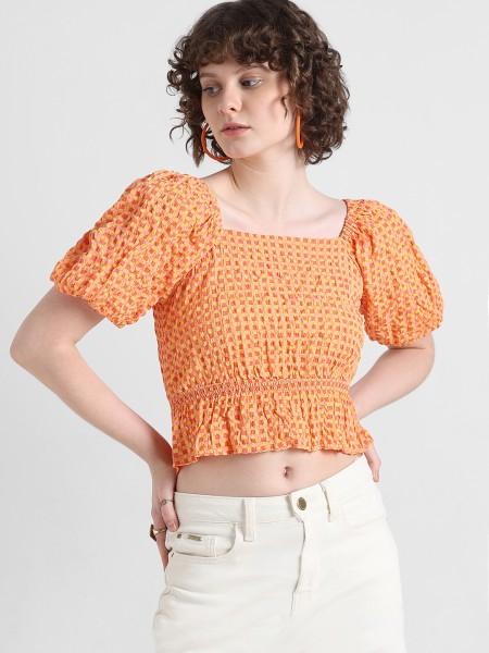 casual puff sleeves checkered women orange, yellow, pink top