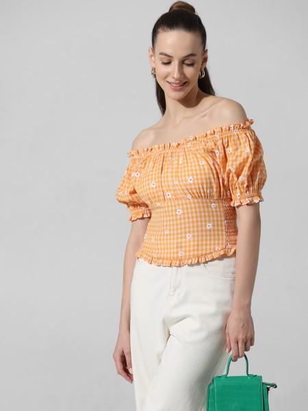 casual puff sleeves checkered women orange top