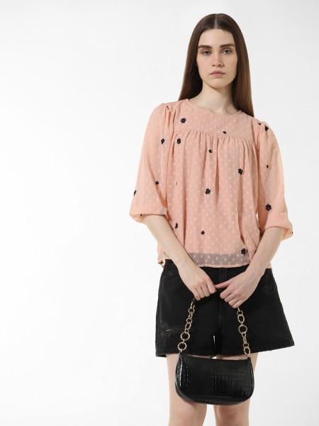 casual puff sleeves embroidered women pink, dark blue top