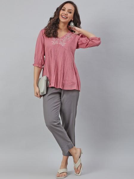 casual puff sleeves embroidered women pink top