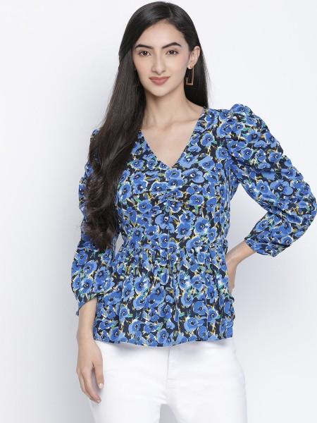 casual puff sleeves floral print women blue top