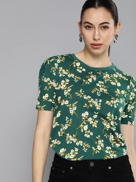 casual puff sleeves floral print women green top