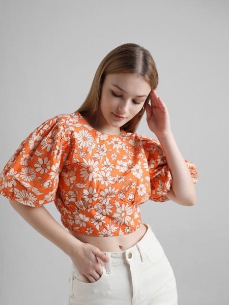 casual puff sleeves printed women beige, orange top