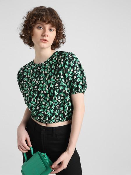 casual puff sleeves printed women black, white, dark green top