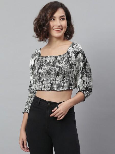 casual puff sleeves printed women white, black top