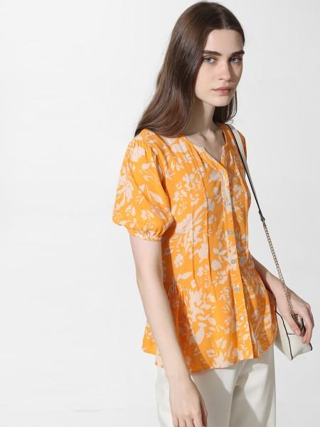 casual puff sleeves printed women white, yellow top