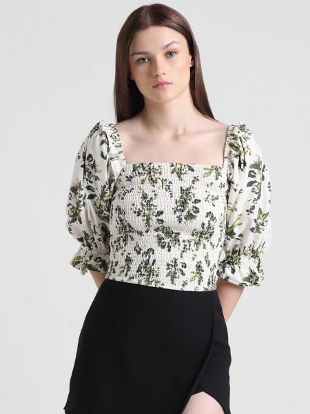 casual puff sleeves printed women white top