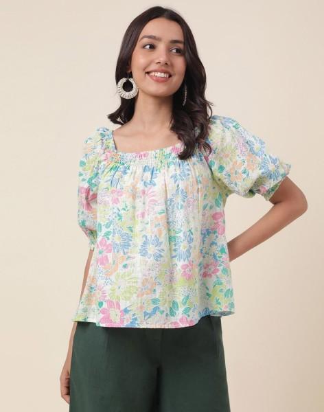 casual puff sleeves printed women white top