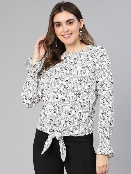 casual puff sleeves printed women white top