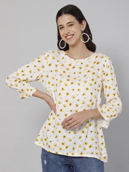 casual puff sleeves printed women yellow top