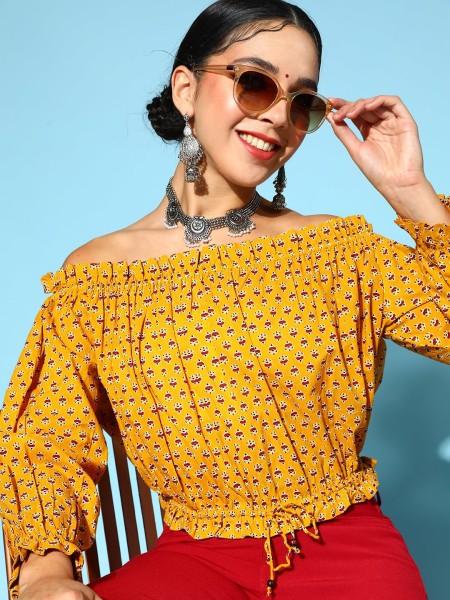 casual puff sleeves printed women yellow top