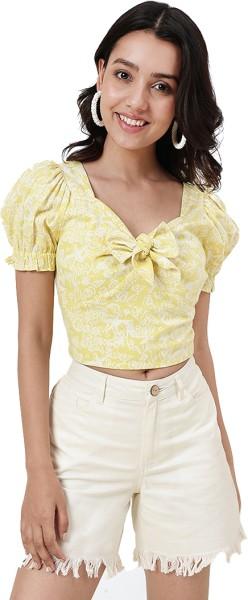 casual puff sleeves printed women yellow top