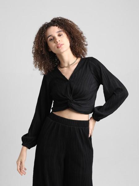 casual puff sleeves solid women black top