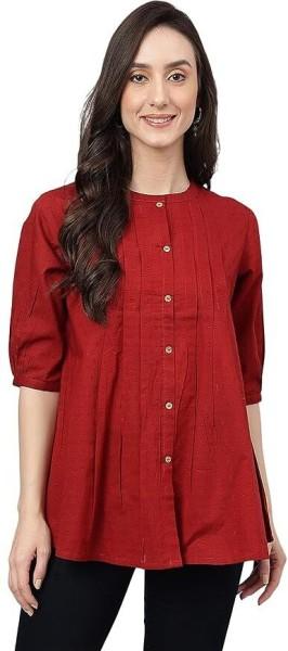 casual puff sleeves solid women maroon top