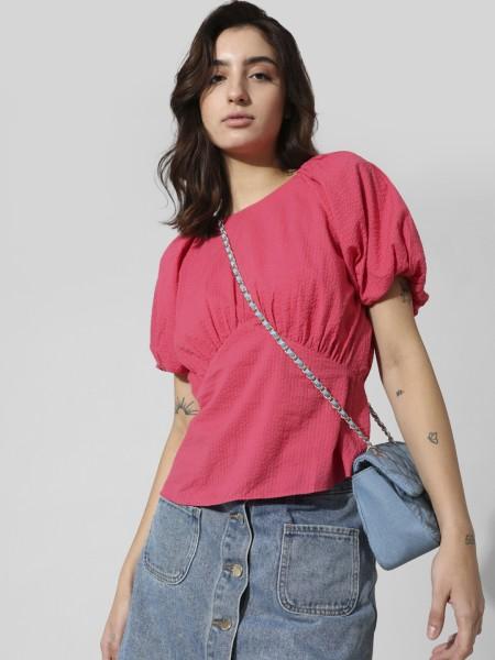 casual puff sleeves solid women pink top