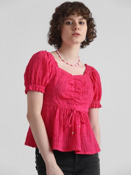 casual puff sleeves solid women pink top