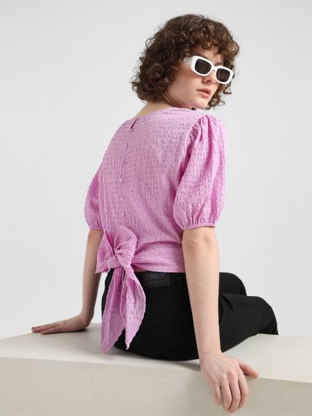 casual puff sleeves solid women purple top