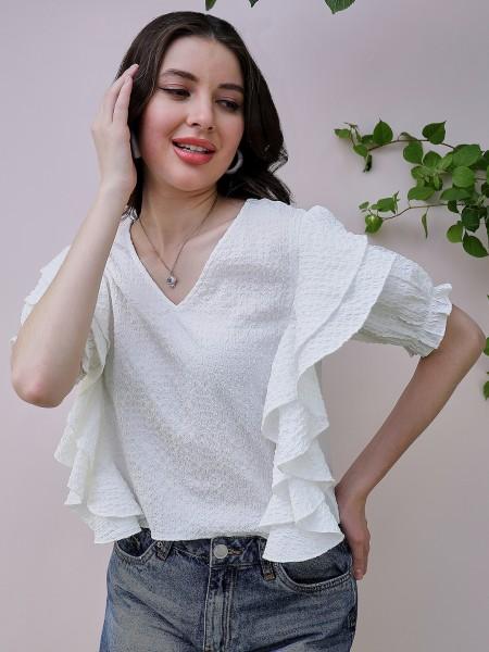 casual puff sleeves solid women white top