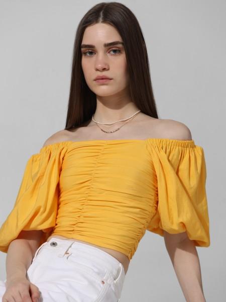 casual puff sleeves solid women yellow top