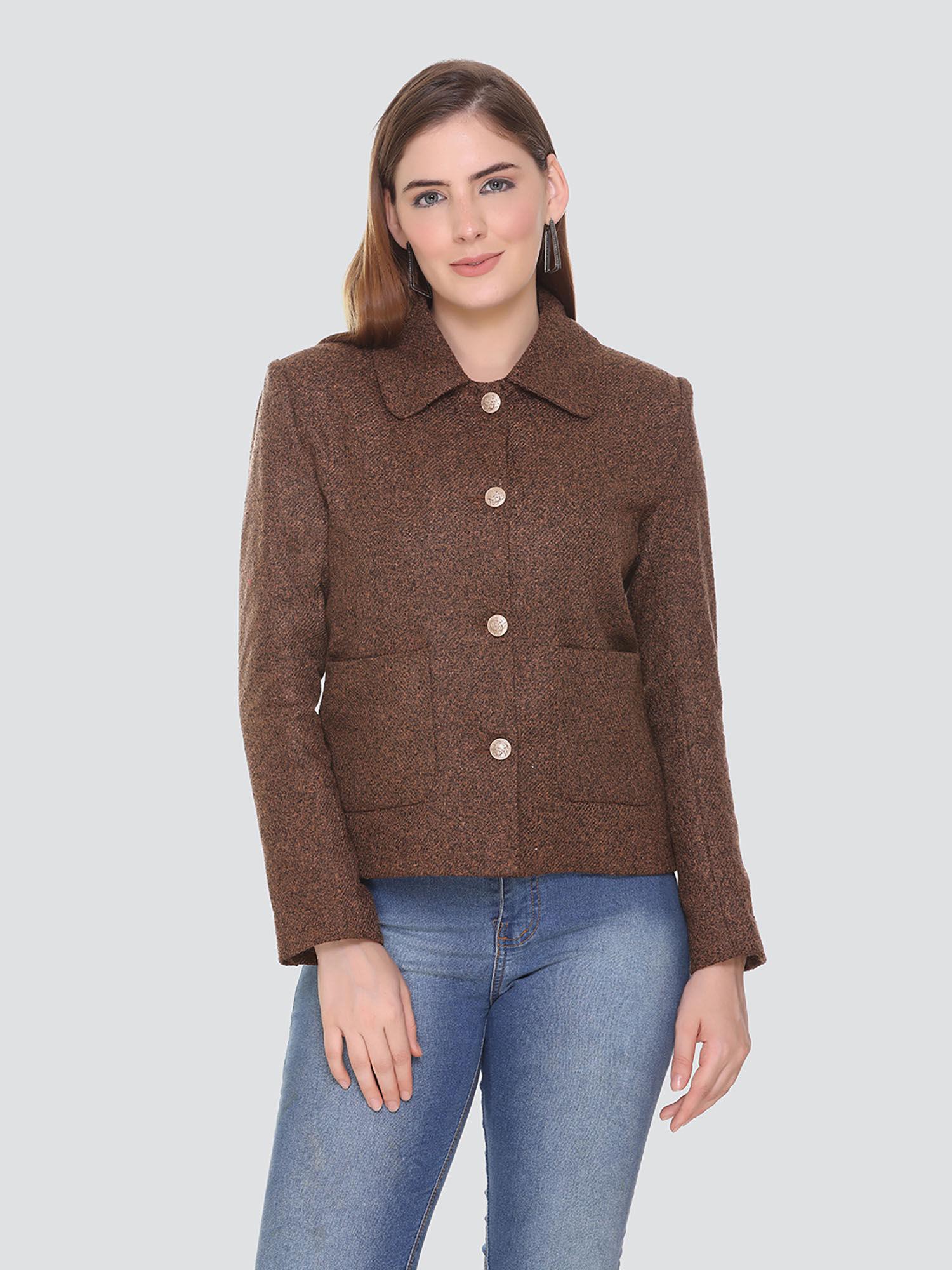 casual regular fit acrylic polyester short brown coat