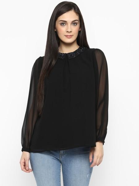 casual regular sleeves embellished women black top